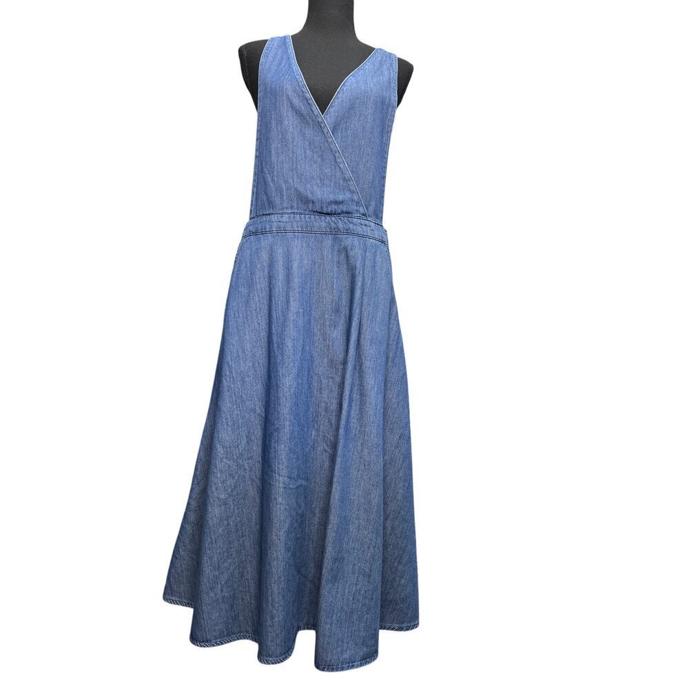 ASOS Denim Pinafore Midi Dress Women US 8 Blue Sleeveless Deep V A-Line Casual